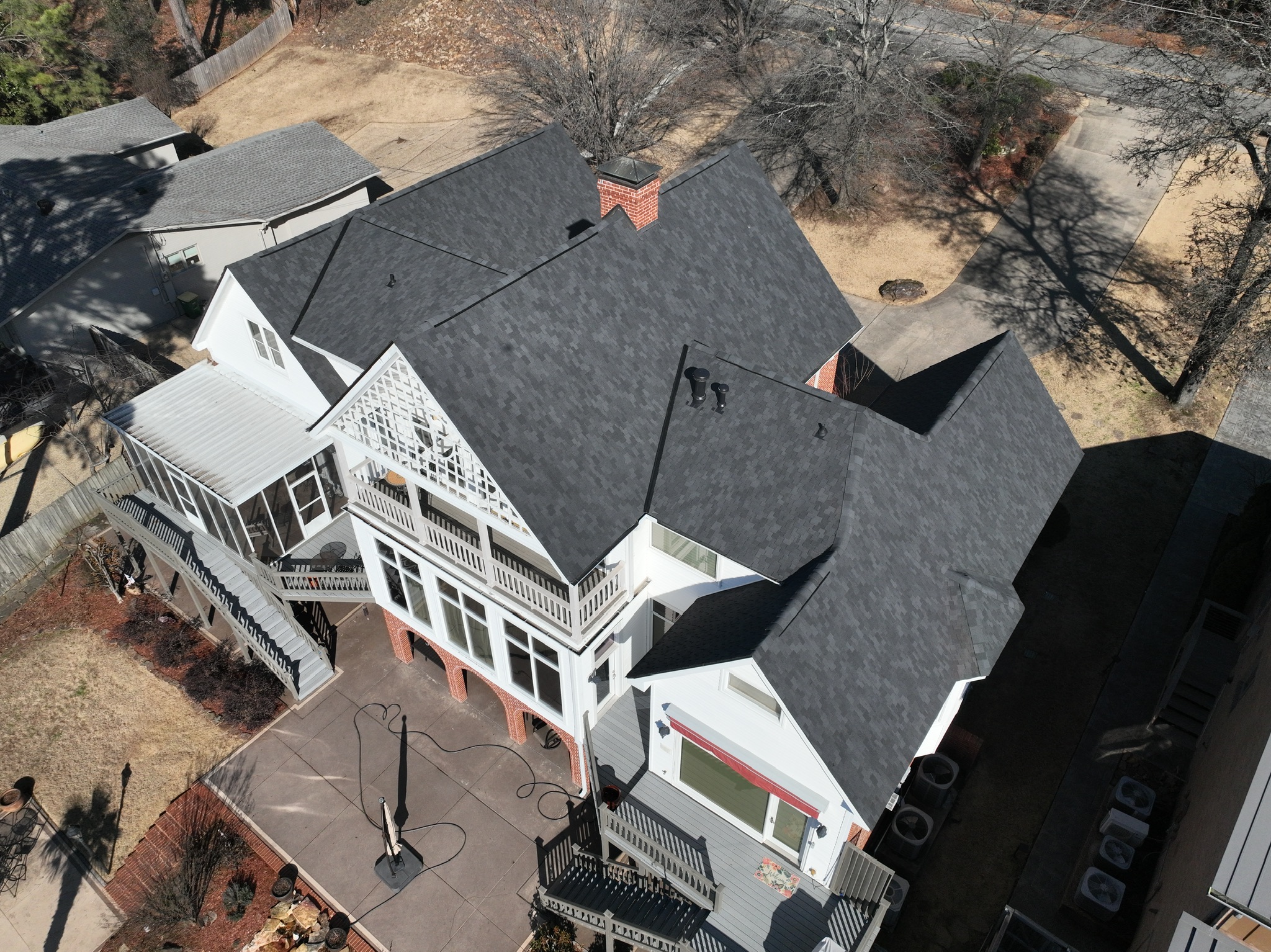 Aerial view of completed roof replacement in North Little Rock AR by Pristine Roofing